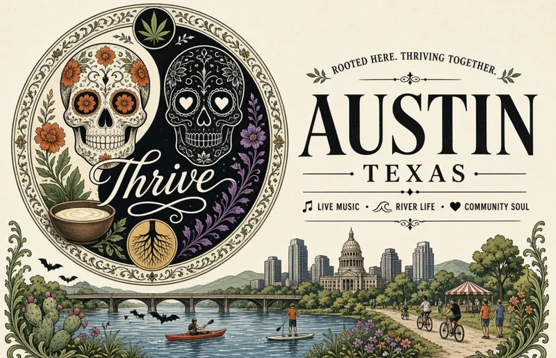 The Thrive Austin edition: a balance of two sugar skulls with the word Thrive in script, a kava bowl and a root medallion, beside AUSTIN, TEXAS and the line Live music, river life, community soul, above the Capitol, the skyline, a bridge full of bats, and kayakers and paddleboarders on the lake.