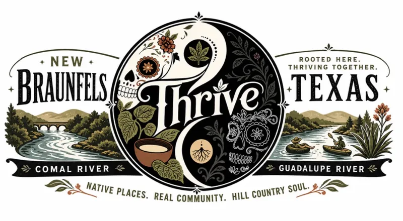 The Thrive New Braunfels edition: the Thrive balance mark at the centre, NEW BRAUNFELS on one side and TEXAS on the other, with the Comal River and an arched bridge to the left and tubers and a kayaker on the Guadalupe River to the right, above the line Native places. Real community. Hill Country soul.