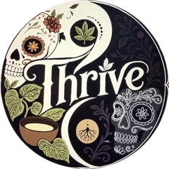 The Thrive mark: a balance of light and dark holding a sugar skull, kava leaves, a kava bowl, a root medallion and the word Thrive
