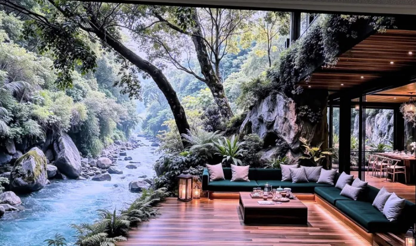 Concept image: an open-sided lounge on a timber deck with deep green banquettes, lanterns and low tables, looking out over a rocky river under a forest canopy.